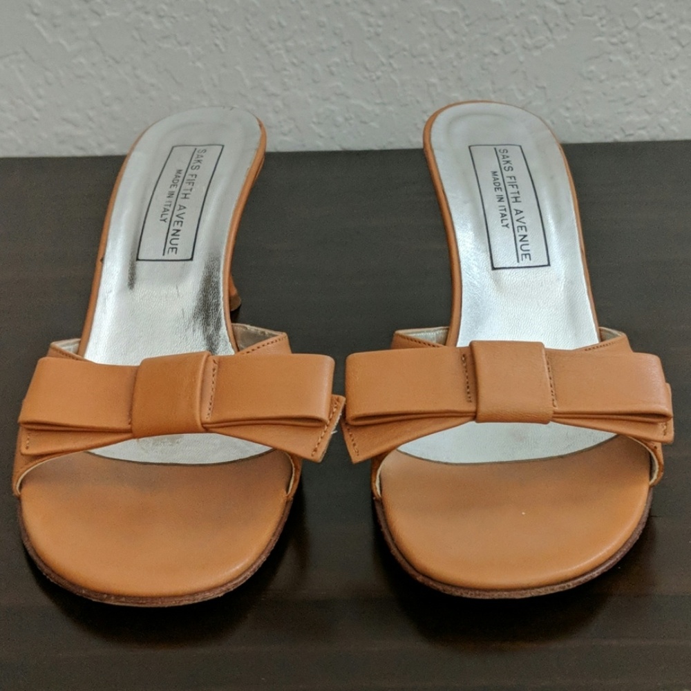 Saks Fifth Avenue Tan Kitten Heel Sandals w/ Bow